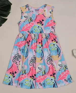 Zion Sleeveless Floral Leafs Printed Dress -Blue