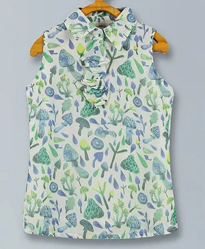Kiddopanti Sleeveless Forest Floral Printed Top - Green & White
