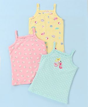 Babyhug 100% Cotton Knit Slip Flamingo & Floral Print Pack Of 3 - Blue Pink & Yellow