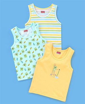 Babyhug 100% Cotton Knit Sleeveless Striped Sando Frog Print Pack of 3 - Yellow & Green