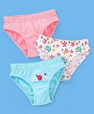 Babyhug 100% Cotton Floral Printed Panties Pack Of 3 - Blue Pink & White