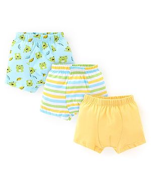 Babyhug 100% Cotton Knit Trunks Frog & Striped Print Pack of 3 - Blue & Yellow