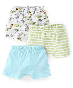 Babyhug 100% Cotton Animal Printed Trunk Pack of 3 - White Blue & Green
