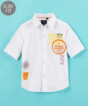 Ruff Poplin Full Sleeves Text Printed Slim Fit Shirt  - White