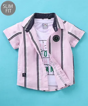 Ruff Poplin Woven Half Sleeves Shirt With Inner Slim Fit T-Shirt Text Print - Pink
