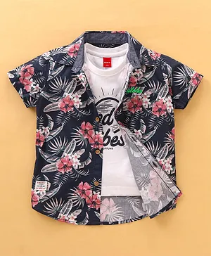 Ruff Poplin Woven Half Sleeves Shirt With Inner Slim Fit T-Shirt Floral Print - Blue