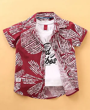 Ruff Poplin Woven Half Sleeves Shirt With Inner Slim Fit T-Shirt Leaf Print - Maroon