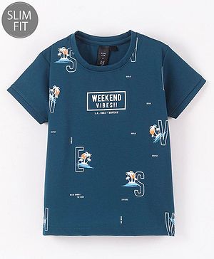 Ruff Lycra Knit Half Sleeves Slim Fit T-Shirt Weekend Print- Navy Blue