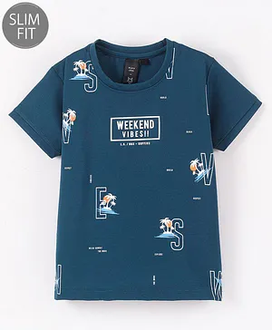 Ruff Lycra Knit Half Sleeves T-Shirt Weekend Print- Navy Blue