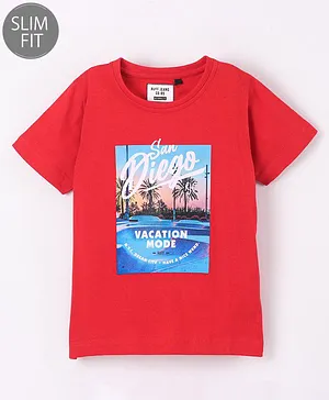 Ruff Sinker Knit Half Sleeves T-Shirt Text Print- Red