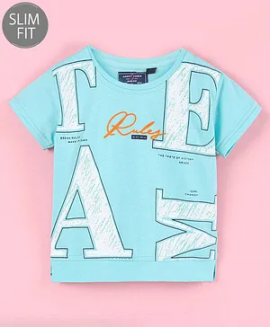 Ruff Lycra Knit Half Sleeves Slim Fit T-Shirt Text Print- Blue