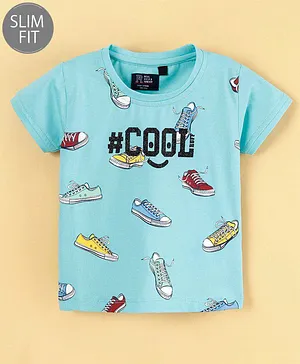 Ruff Lycra Knit Half Sleeves Slim Fit T-Shirt Shoes Print- Blue