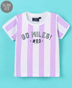 Ruff Lycra Knit Half Sleeves Slim Fit T-Shirt Stripes & Text Print- White & Purple