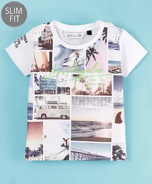 Ruff Sinker Knit Half Sleeves T-Shirt Beach Print- White