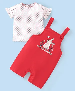 Babyhug 100% Cotton Knit Dungaree and Half Sleeves Top Set Bunny Print - Pink