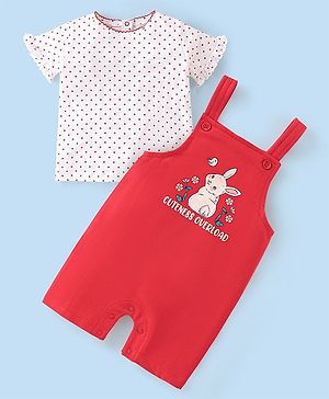 Babyhug 100% Cotton Knit Dungaree and Half Sleeves Top Set Bunny Print - Pink