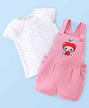 Babyhug 100% Cotton Knit Dungaree with Cap Sleeves Tee & Apple Applique - Pink & White