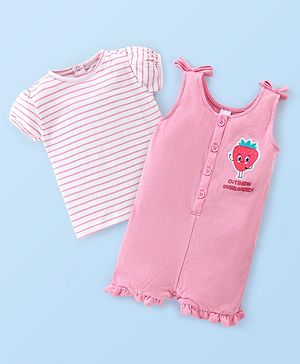 Babyhug 100% Cotton Knit Dungaree with Half Sleeves Striped Tee Strawberry Applique - Pink