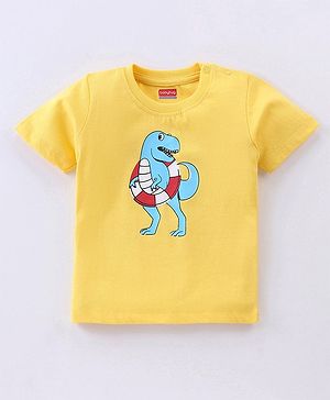 Babyhug Cotton Half Sleeves T-Shirt with Dino Print - Yellow