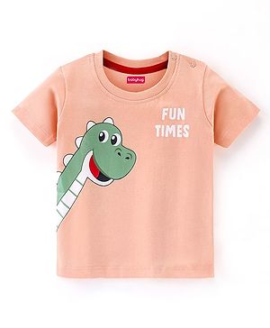 Babyhug Cotton Half Sleeves T-Shirt with Dino Print - Peach