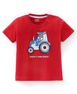 Babyhug Cotton Knit Half Sleeves T-Shirt with Tractor Print - Red