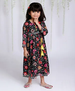 KID1 Three Fourth Sleeves Seamless Floral Printed & Lace Embellished Fit & Flare Dress - Black