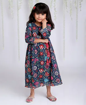 KID1 Three Fourth Sleeves Seamless Floral Printed & Lace Embellished Fit & Flare Dress - Blue