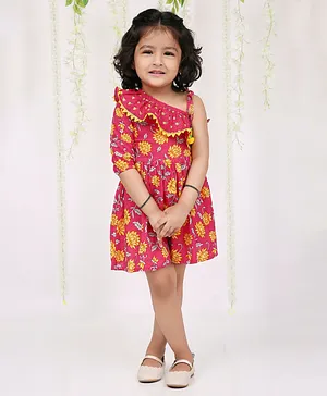 KID1 One Shoulder Half Sleeve Seamless Lotus Swirl Printed & Pom Pom Embellished Fit & Flare Dress - Pink