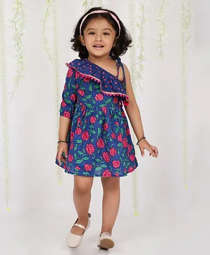 KID1 One Shoulder Half Sleeve Seamless Lotus Swirl Printed & Pom Pom Embellished Fit & Flare Dress - Blue