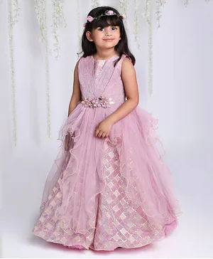 KID1 Sleeveless Pleated & Corsage Embellished Bodice With Sequin Detailed Checkered Flounced Gown - Pink