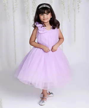KID1 Sleeveless Bow Detailed & Stone Embellished & Gathered Bodice Detailed Fit & Flare Dress - Purple