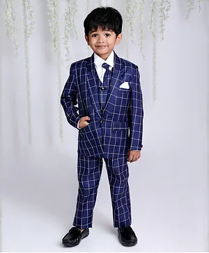 KID1 Full Sleeves Graph Checked 5 Piece Party Suit Set - Blue