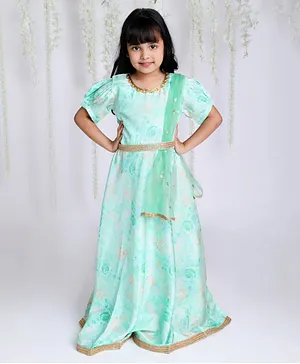 KID1 Puffed Half Sleeves Watercolour Effect Roses Printed & Gota Lace Embellished Ethnic Gown With Flower Detailed Sequin Dupatta & Belt - Mint Green