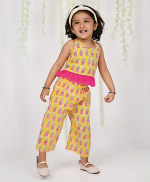 KID1 Pina Colada Theme Sleeveless All Over Pineapple Printed Frill Mesh Hem Detailed Top With Coordinating Pant - Yellow