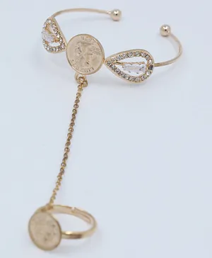 Pihoo Coins Designed Bracelet With Chain Ring - Golden