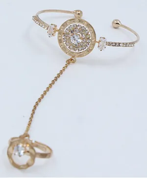 Pihoo Diamonds Studded Bracelet With Chain Ring - Golden