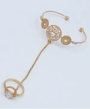 Pihoo Diaomnds Studded Bracelet With Chain Ring - Golden