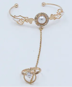 Pihoo Pearls & Diamonds Studded Bracelet With Chain Ring - Golden