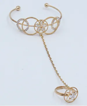 Pihoo Flower and Circles Designed Bracelet With Chain Ring - Golden
