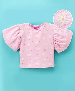 Little Kangaroos Half Sleeves Textured Top Floral Print- Baby Pink