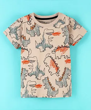 Doreme  Cotton Half Sleeves Dino Print T-Shirt - Brown