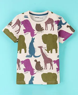 Doreme  Cotton Half Sleeves Wild Animals Print T-Shirt - Offwhite