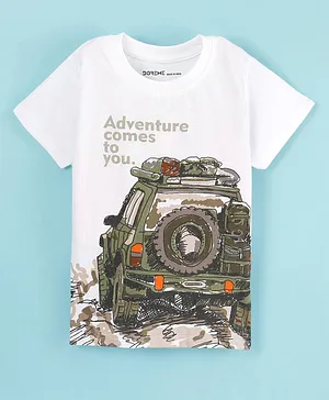 Doreme Cotton Half Sleeves Jeep Print T-Shirt - White