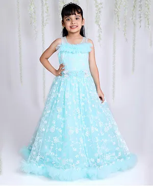 KID1 Sleeveless Ruffled Neckline Detailed Corsage Embellished & Seamless Leaf Swirl Embroidered Fit & Flare Gown - Blue