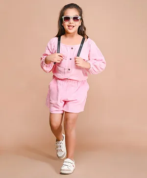 Lilpicks Couture Off Shoulder Full Sleeves Button Down Top With Shorts Set - Pink