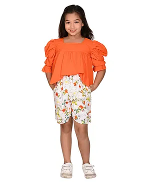 Lilpicks Couture Puffed Sleeves Solid Top With Floral Printed Shorts Set - Orange