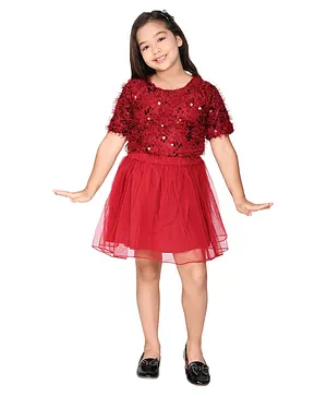 Lilpicks Couture Half Sleeves Sequin Embellished Top With Skirt - Maroon