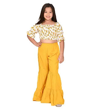 Lilpicks Couture Half Sleeves Butterfly Printed Smocked Top With Flared Pants - Yellow