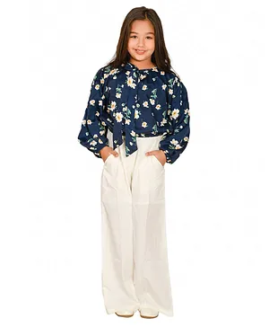 Lilpicks Couture Full Sleeves Floral Printed Top With Pant - Navy Blue