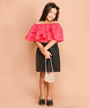 Lilpicks Couture Off Shoulder Layered Top With Slim Fit Skirt Set - Pink Black
